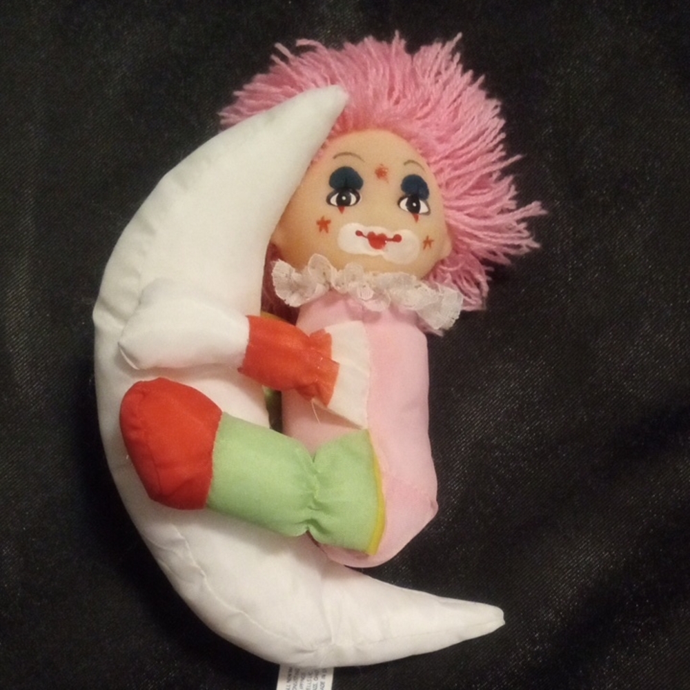 Rare Pink Haired Clown Doll With Moon Plush ~ Hanging Retro Toy
